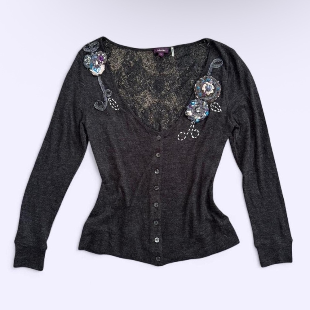 Lulumari Lace Back Embellished Cardigan Whimsy Crochet Rhinestone Top